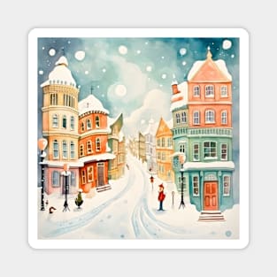 Victorian Reference Watercolor Drawing of a Winter Street Magnet