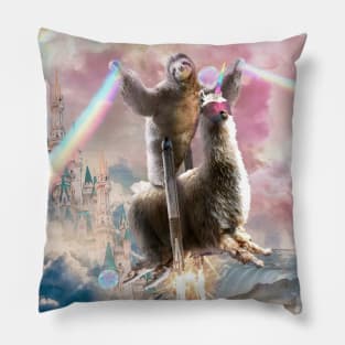 Rainbow Laser Sloth On Llama Unicorn In Space Pillow