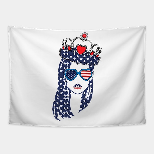 Beautiful girl illustration With a Crown And Glasses American Flag for 4th of July Tapestry by tee4ever