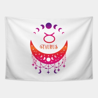 Rainbow Ombre Moon Phases and Taurus Zodiac Symbol Tapestry