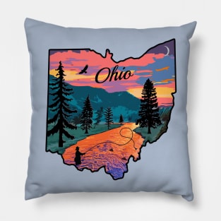 Ohio State Map Mountain Sunset River Fishing Retro Pillow