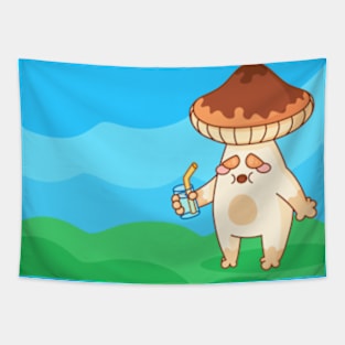 Tired Thirsty Mushroom With a Glass Of Water With Background Tapestry