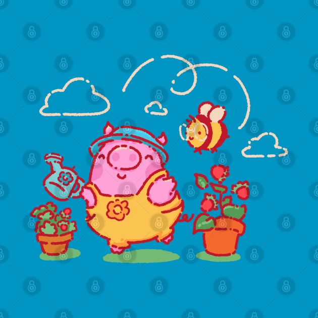 Pig and bee watering plants by Tinyarts