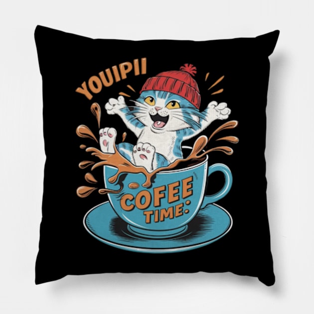 A hilarious and vibrant vintage-inspired illustration of an adorable cat wearing a red beanie, sitting inside a coffee cup that's spilling coffee Pillow by YolandaRoberts