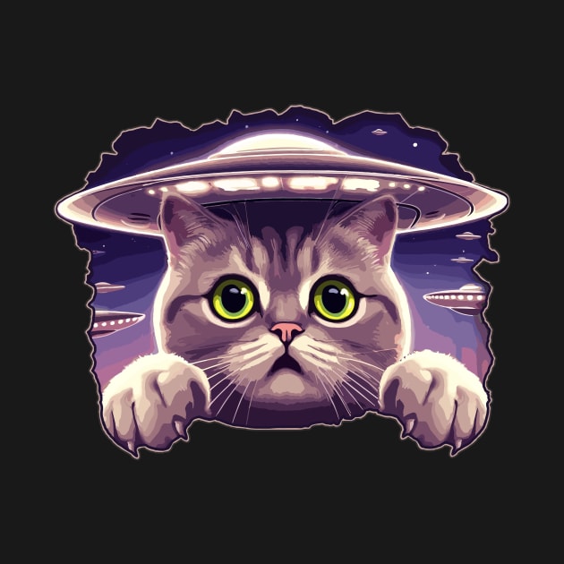 Funny Cat Selfie With UFOs Behind by KromADesign