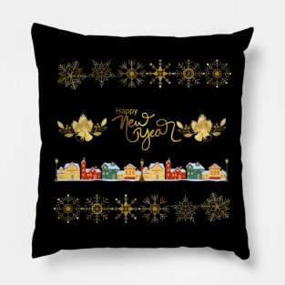 Happy New Year Christmas Village with Snowflakes and Bells Pillow