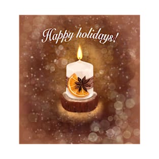 Happy Holidays greeting Burning candle among magic lights T-Shirt