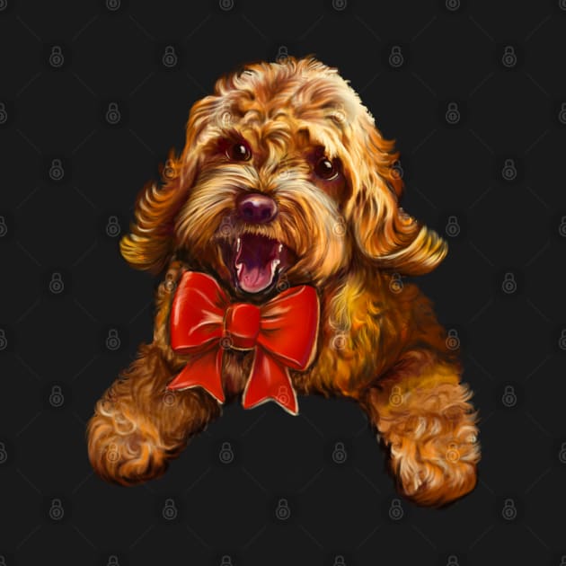 Cute Cavapoo Cavoodle puppy dog with red bow  - cavalier king charles spaniel poodle, puppy love by Artonmytee