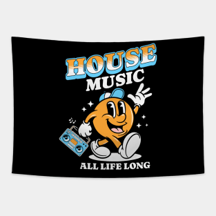 HOUSE MUSIC  - Retro Mascot All Life Long (white/orange/blue) Tapestry