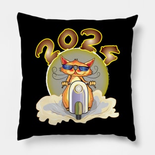 Cat Riding A Scooter New Year 2024 Pillow