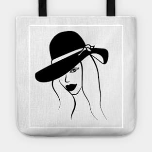 Black and white illustration of woman in hat Tote