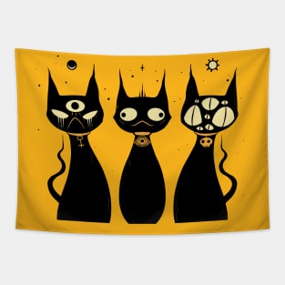 Three Creepy Cute Black Cats, Goth Art Tapestry