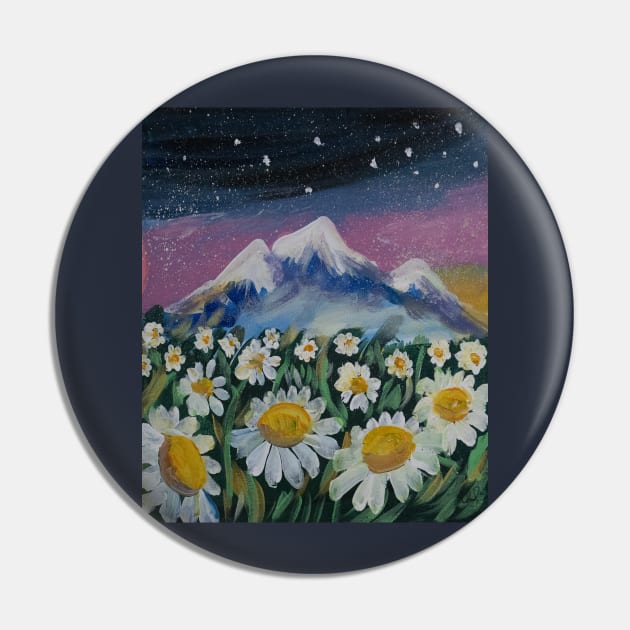 Chamomile mountain Original Oil-Paint Art Pin by luckycreation