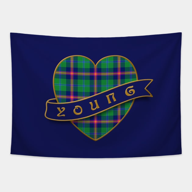 The YOUNG Family Tartan - Retro Heart & Ribbon Family Insignia Tapestry by Plaidify