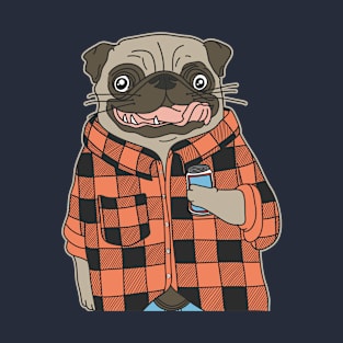 Cool Pug Wearing Buffalo Plaid Check Shirt Holding Beer T-Shirt