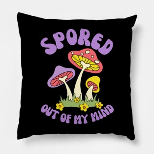 'Spored Out of My Mind' Retro Mycologist Mushroom Hunter Design Pillow