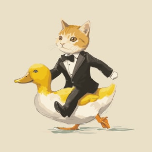 Funny Tuxedo Cat Riding Funny Duck Going To Party T-Shirt