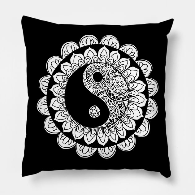 Yin Yang Mandala Black and White Pillow by julieerindesigns