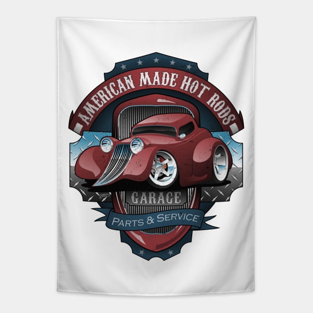 American Hot Rods Garage Vintage Car Sign Cartoon Tapestry by hobrath