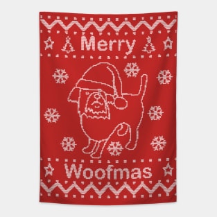 Cute Dog says Merry Woofmas on Ugly Christmas Sweaters Tapestry