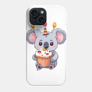 Cute Koala girl holding a birthday muffin with a candle,.Vector flat illustration Phone Case