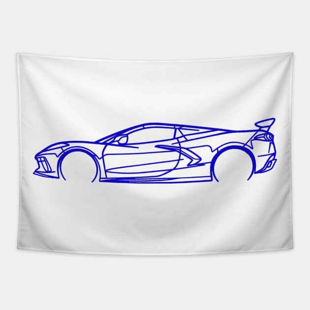 Blue C8 Corvette Racecar Side Silhouette Outline Blue Supercar Sports car Racing car Tapestry by Tees 4 Thee