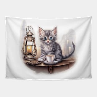 kitten with a lantern and cup of tea Tapestry