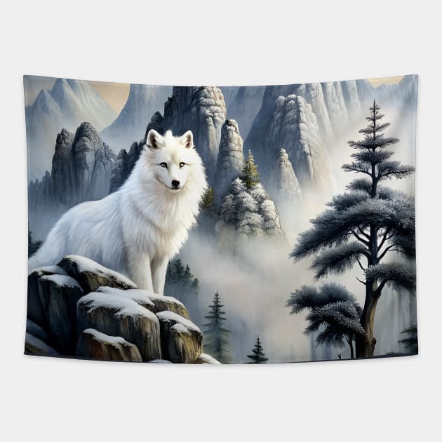 White Wolf Hunting Ground, Winter Mountain Wild Icy Moon, Forest, Galaxy Beautiful gifts Novelty Animal Pattern Fashion T-Shirt T-Shirt Tapestry by sofiartmedia