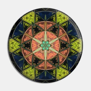 Mosaic Kaleidoscope Flower Orange Yellow and Blue Pin