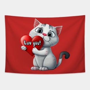 Cat with Luv you! Heart - funny illustration for cat lovers Tapestry