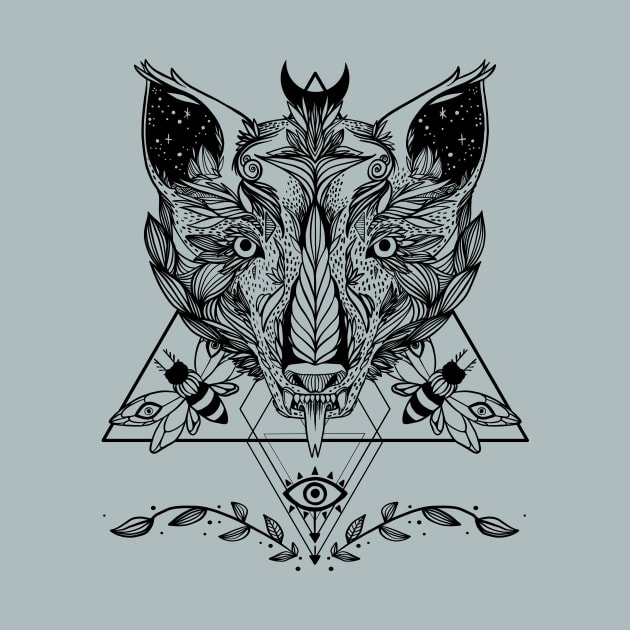 Star Wolf With Moths, Geometric Pattern, Third Eye, And Crescent Moon by cellsdividing