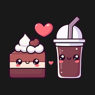 Chocolate Cake and Dark Chocolate Milkshake with a Heart | Kawaii Food Couple Art T-Shirt