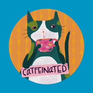 Catfeinated Cat Pun Cute Whimsical Drawing T-Shirt