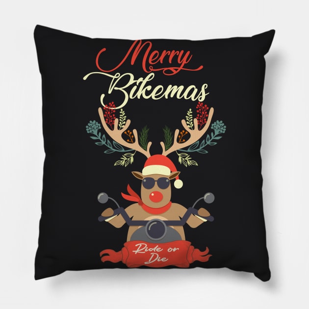 Merry Bikemas, Oh what Fun It is to ride, Funny Reindeer Riding Motor Bike, Ride or Die Cyclist Deer Bicycling Motorcycles Merry Christmas Cyclist Motorbiker design Pillow by BicycleStuff