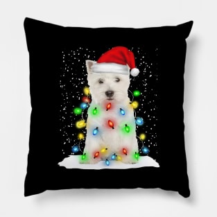 West Highland White Terrier Christmas Santa Hat Xmas Tree Color Lights Pillow