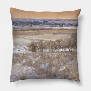 Pink Sunset Snowscape Oil on Canvas Pillow