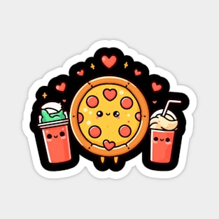 Kawaii Food Art with a Pepperoni Pizza, Cola, and a Milkshake | Kawaii Lovers Gift Magnet