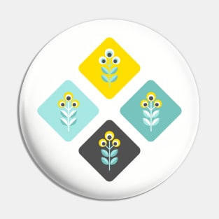 Scandinavian flowers 01, teal, yellow and dark grey Pin