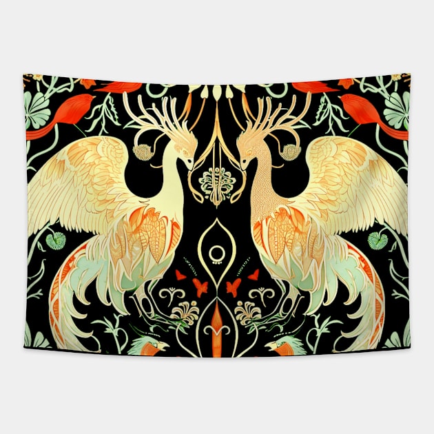 Art Nouveau Style Phoenixes Birds and Flowers Tapestry by Pixelchicken