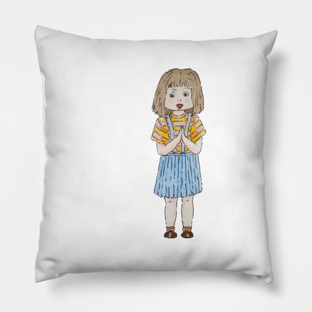 Cute little girl with brown hair and blue skirt Pillow by pollywolly