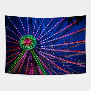 Colorful Ferris Wheel in Pink and Green in Blue Hour nigh sky Tapestry