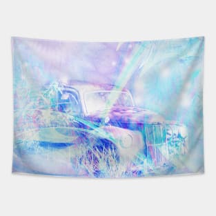 Old car in pink and blue space Tapestry