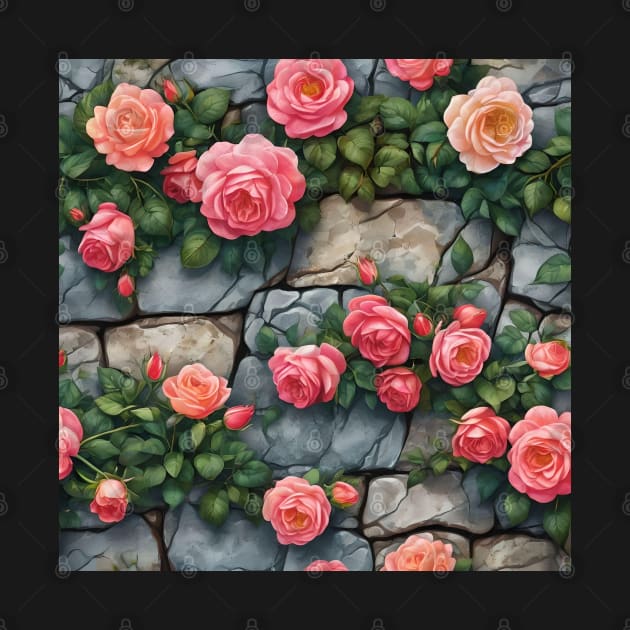 NUANCED CLIMBING ROSE ON STONE WALL by Ciervo Primavera