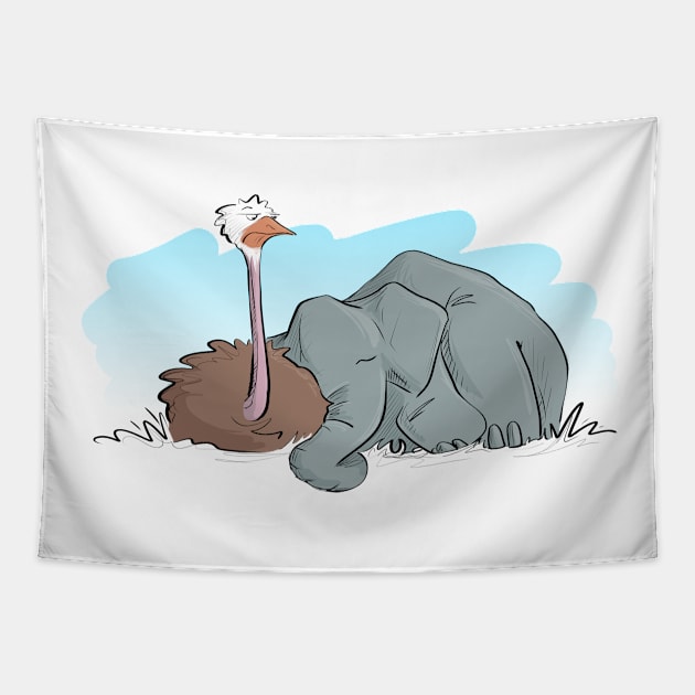 Sleepy Elephant & Ostrich (Color) Tapestry by Jason's Doodles