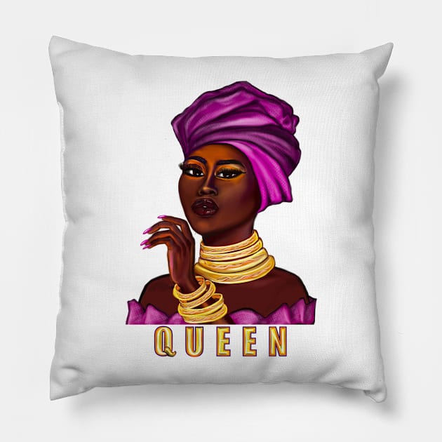 Queen - yass queen - Black is beautiful black girl with Gold bangles, neck ring necklace, purple dress and head wrap, brown eyes and dark brown skin ! Pillow by Artonmytee