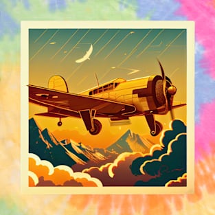 Digital Illustration:Vintage Plane on Sunset Clouds Background T-Shirt