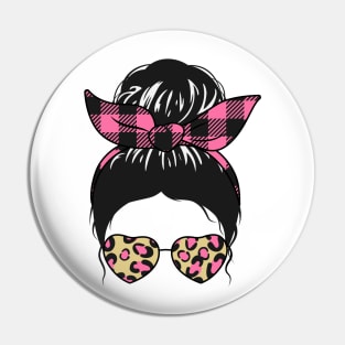 Messy Bun Girl Pink Check Bandana & Leopard Print Sunglasses Pin