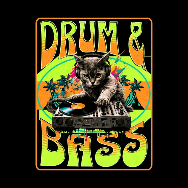 DRUM AND BASS  - Psychedelic Cat Dj (lime/orange) by DISCOTHREADZ 