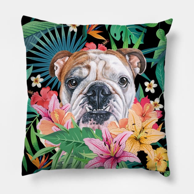 Tropical Red White English British Bulldog 1 Pillow by LulululuPainting