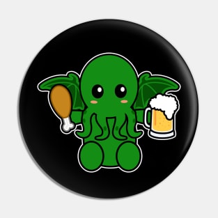 Cute Cthulhu With Chicken And Beer Pin